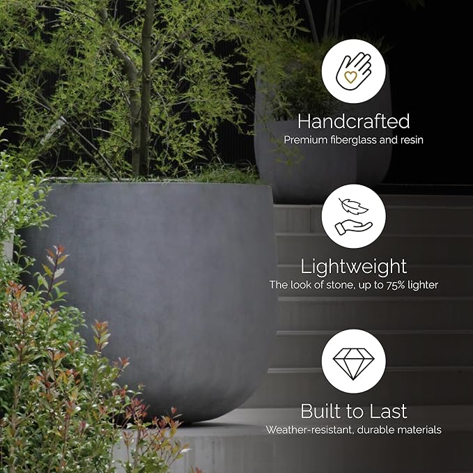 Mondo Large Planter – Brown Stone Finish – Fiberglass Indoor/Outdoor and Weather-Resistant Round Planter (19.7" D x 19.1" H Exterior, 18.5" D x 18.5" H Interior)