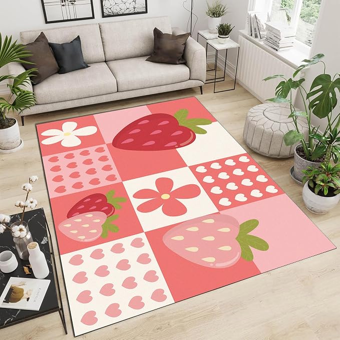 Strawberry Checkered Rug Cute Red Area Rug Love Flower Washable Carpet for Entryway Bedroom Living Room Kitchen Nursery Home Decor Soft Non Slip Floor Mat，3'x5'