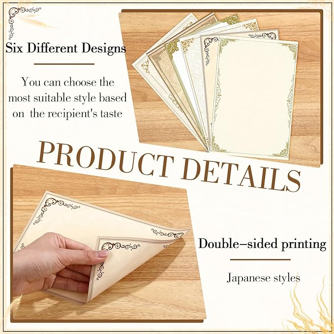 Supervitae 120 Vintage Stationery Paper, 8. 27 x 5. 51 Inch Double Sided Printing Antique Gold Border Elegant Retro Decorative Letter Sheets for Love Letter Party Invitations, 6 Designs