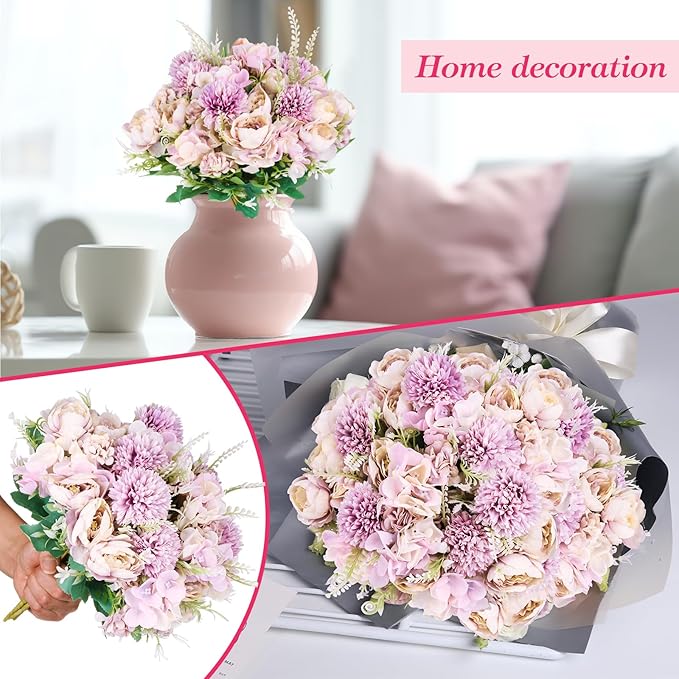 Olgaa 12 Bundles Peonies Artificial Flowers Silk Flowers Fake Peony Bouquet Faux Peonies Flowers Bulk for Wedding Decor Centerpiece Table Decorations (Light Purple)