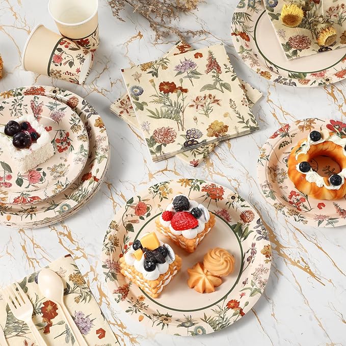 Roshtia 25 Set Floral Party Supplies Flower Paper Plates Napkins Tablewares Disposable Flower Dinnerware for Girls Women Floral Birthday Tea Party Decorations Favors