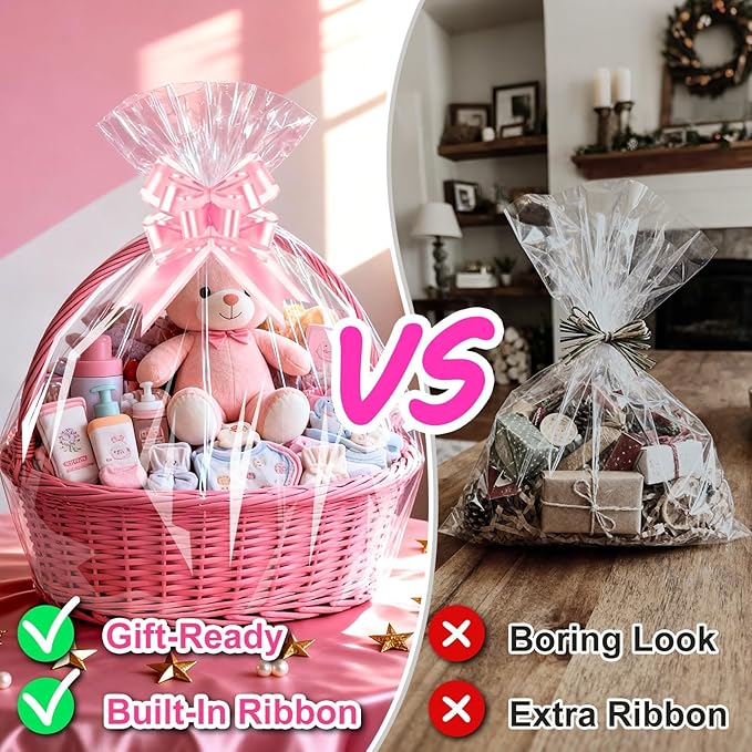 PigPotParty 30"x40" Clear Cellophane Gift Bags - Includes Bows – 10 Pack Large Cellophane Wrap for Gift Baskets, Plastic Gifts Bags for Gift Giving