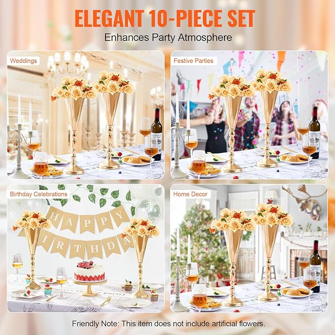 VEVOR 10PCS 43cm/16.9” Tall Wedding Flower Vase, Metal Wedding Trumpet Centerpiece, Gold Floral Stand Display Rack for Tables Wedding Dinner Party, Anniversary Ceremony Birthday Event Decor
