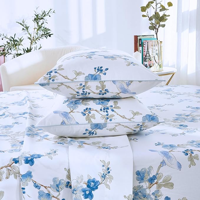Brandream Queen Size Sheet Set Luxury Blossom Floral Birds Bedding Collections 800 Thread Count 100% Egyptian Cotton Deep Pocket, 4 Piece White Blue Botanical Branches Flower