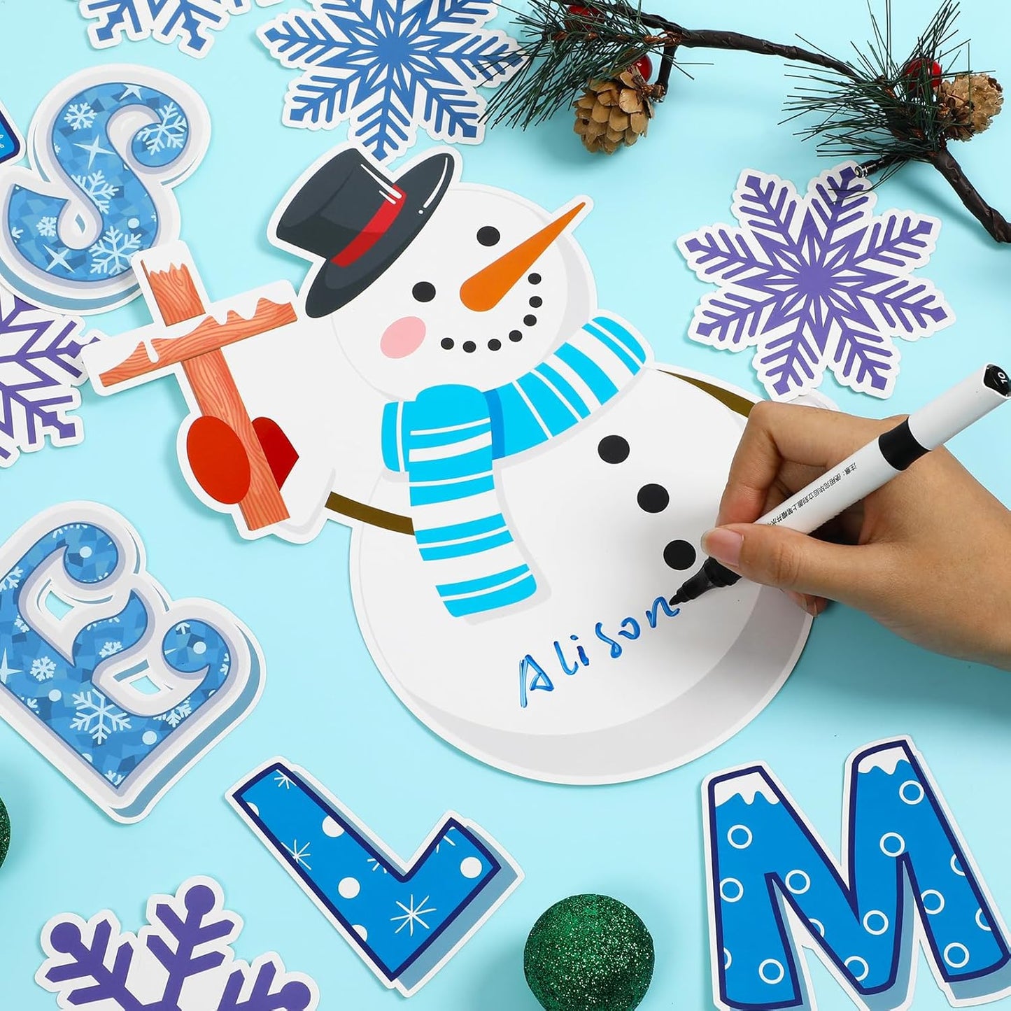 Skiennix Winter Bulletin Board Decoration Set - Snowflakes & Snowman Paper Cutouts | Christmas Classroom & Church Decor