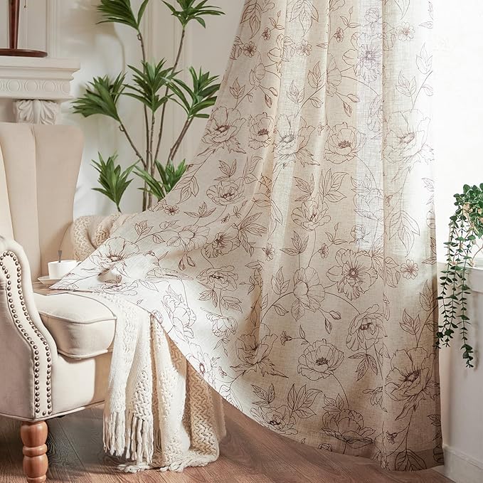 jinchan Floral Linen Curtains for Living Room 63 Inch Length Brown Flower Curtain Rod Pocket Back Tab Farmhouse Curtains with Printed Floral Bedroom Window Curtain Set, 2 Panels Brown