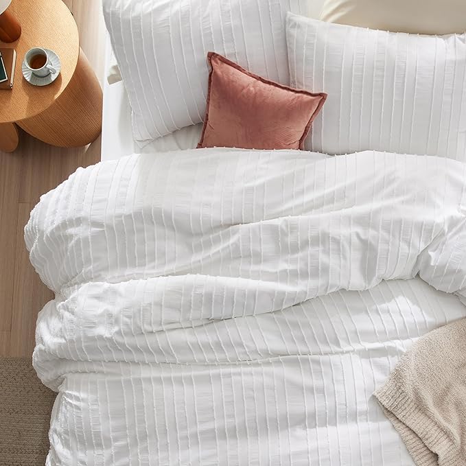 Bedsure Striped Boho Twin Duvet Cover - Shabby Chic Tufted Boho Bedding Set, 2 Pieces Shabby Chic Home Bedding for All Seasons, Includes 1 Twin Duvet Cover & 1 Pillowcase (White, 68" x 90")