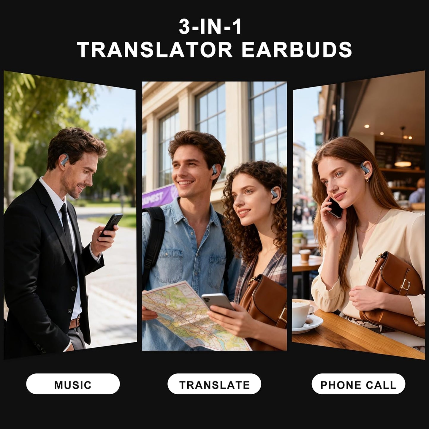 Skiennix AI Translation Earbuds - Real-Time Language Translator | 164 Languages, Bluetooth, Black
