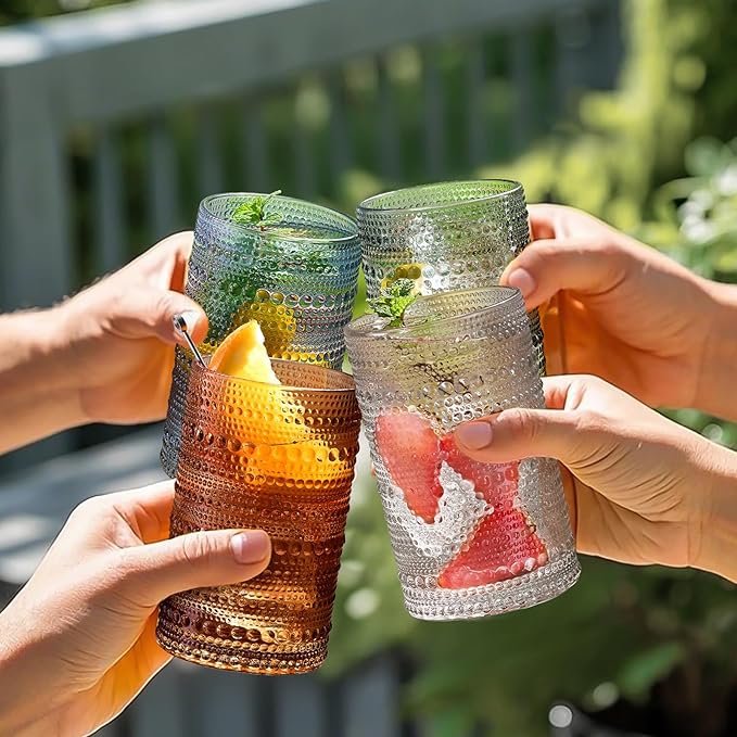 Mfacoy Colored Hobnail Drinking Glasses Set of 6, 12oz Vintage Kitchen Glassware, Embossed Beaded Glass Cups, Water Glasses, Beaded Colorful Water Tumbler for Cocktail, Juice and Various Mixed Drinks