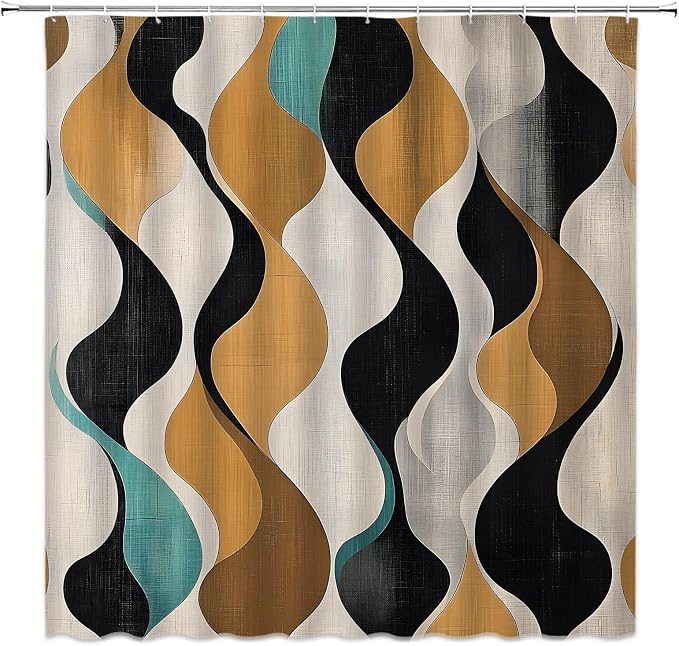 Mid Century Shower Curtain Boho Minimalist Modern Abstract Aesthetic Geometric Striped Atomic Retro Earthy Fabric Bathroom Decor Set with Hooks(84" Wx70 H)