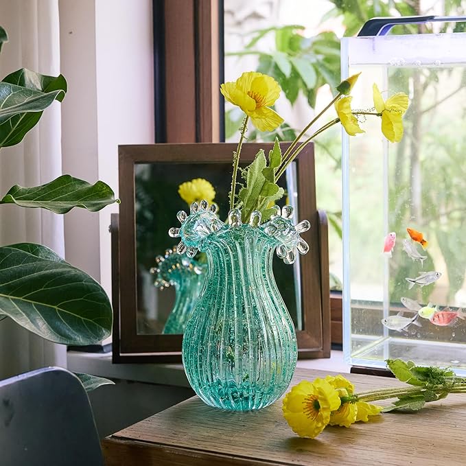 QFkris Hand Blown Glass Luminous Vase for Flowers 8" Teal Crystal Bubble Vases for Bouquet Home Decor Decorative Centerpieces Unique Gift for Christmas Valentines Day Birthday Housewarming Mothers Day