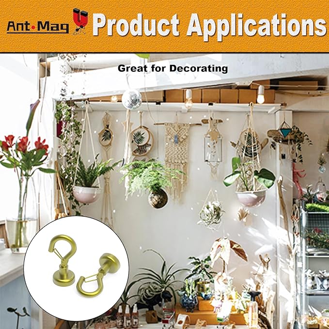 Ant Mag Magnetic Hooks Heavy Duty with Snap 22lbs Strong Gold Magnet Hooks Great Hanging for Refrigerator, Cruise Cabin, Grill, Wreath,Kitchen,Office 8 Pack