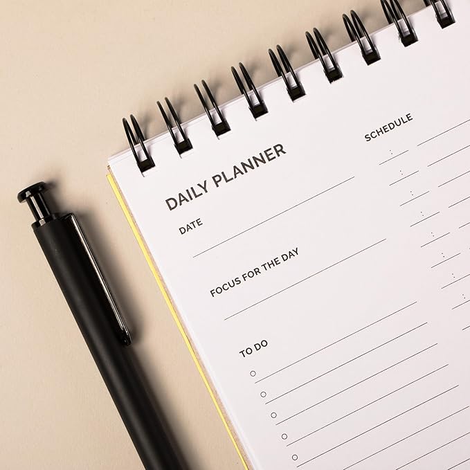Undated Daily Planner Notebook – Spiral Bound A5 (5.75" x 8.5"), 60 Pages, Yellow Cover | Simple Organizer for Work, School & Personal Goals