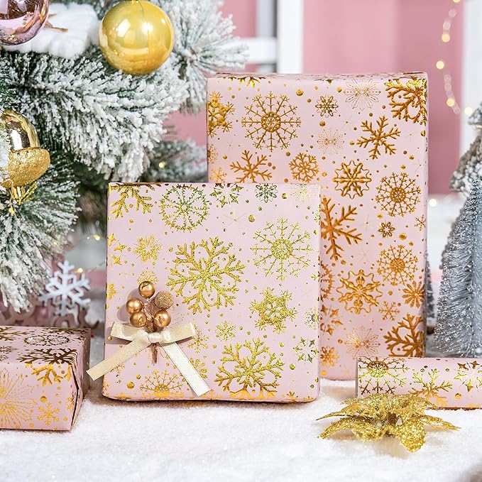 Flyhill Kraft Christmas Wrapping Paper,Snowflake Metallic Gold Embossed Foil Gift Wrap Roll, Pink and Gold Luxury Design for Holiday, Party,Celebration, New Year (17 Inch X 32.8 Feet)