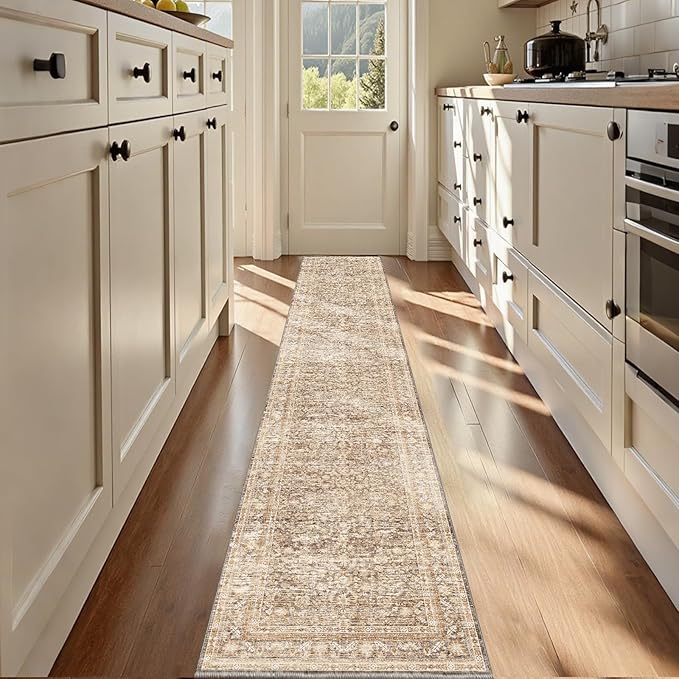 OPPODREAM Vintage Beige 2x12 Runner Rug, 2 x 12 Retro Washable Rug Non Slip, Low-Pile Faux Wool Carpet, Distressed Tan Floor Mat for Kitchen, Hallway, Entry-Way, Entrance, Indoor Back Door