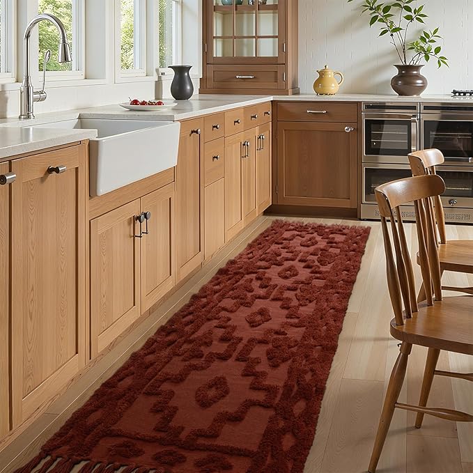 Uphome Boho Runners for Hallways 2.6' x 8', Washable Farmhouse Entryway Runner Rug, Cotton Tufted Bedroom Runner Rugs, Bohemian Tribal Aesthetic Rug for Kitchen Doorway Bathroom, Terracotta