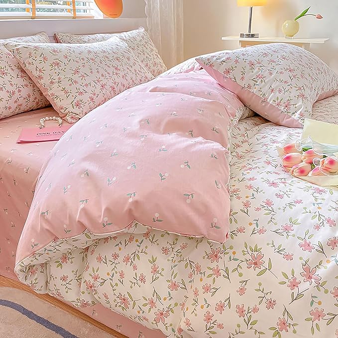EAVD Pink Floral Duvet Cover Full White Soft Cotton Chic Shabby Garden Floral Bedding Set with 2 Pillowcases Cute Floral Botanical Duvet Cover with Zipper Closure