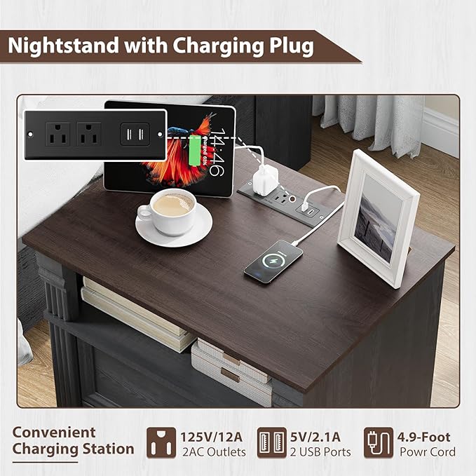Black Nightstand with Charging Station, Side Table Storage Cabinet with 2 Drawers and Chic Wood Pilasters Design, Farmhouse Wood Bedside Table & End Table with Metal Handles for Bedroom, Living Room