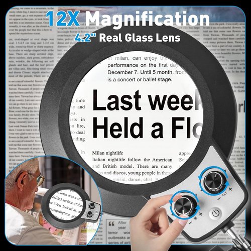KIRKAS 12X Magnifying Glass with Light - 2-in-1 Desk Lamp with Stepless Brightness & Clamp