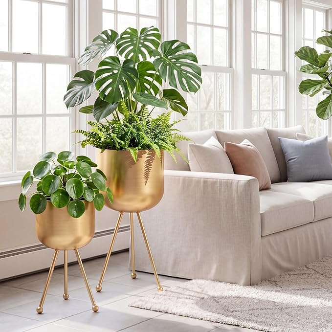 Frienda 2 Pack Mid Century Modern Decor Mid Century Modern Planter Metal Flowerpot with Stands Stylish Floor-Standing Flowerpot for Boho Home Office Indoor Outdoor Decor 20", 18" h (Gold)