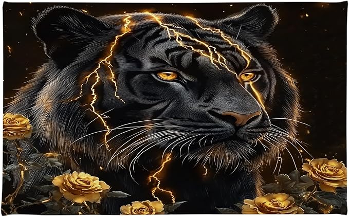 LB Black Gold Tiger Bath Mat for Bathroom- Aesthetic Gold Rose Floral Non Slip Doormat- Abstract Animal Absorbent Memory Foam Living Room Bedroom Door Front Floor Area Rugs,31.5x19.6 Inch