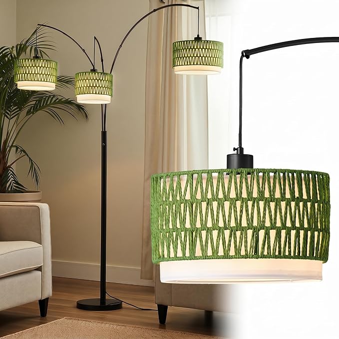 Arc Floor Lamp for Living Room, 80 Inch Rattan Floor Lamp with Rotary Switch, 3 Lights Boho Tall Lamp with Green Wicker Shade for Coastal,Bohemian,Tree Farmhouse Standing Lamp