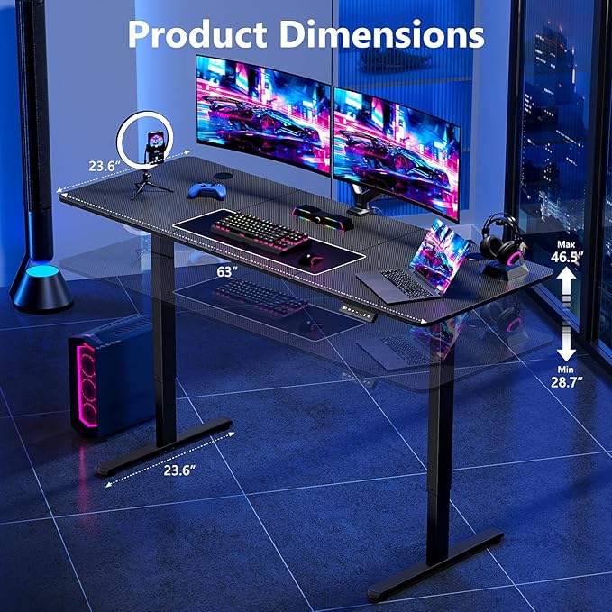 Electric Standing Desk 63 x 24 Inches, Height Adjustable Sit Stand Home Office Computer Desk with Memory Presets,Carbon Fiber Black