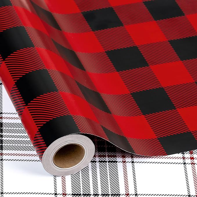 MAYPLUSS Christmas Reversible Wrapping Paper - Mini Roll - 17 Inch X 32.8 Feet - Red Black Buffalo Plaid Patterns (47.3 sq.ft.ttl)