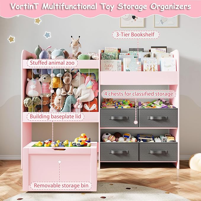Toy Storage Organizer with Stuffed Animal Storage - Kids Bookshelf with 4 Removable Bins and 1 Movable Toy Storage Bin, 3-Tier Bookshelf with Building Block Play Table for Kids Room Playroom (Pink)