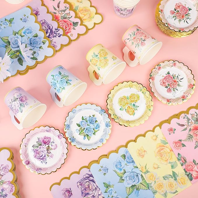 40 Set Floral Tea Cups and Saucers Disposable Tea Party Supplies Colorful Flower Teacups with Handle and Paper Napkins Dinnerware Set for Floral Theme Tea Party Birthday Wedding Bridal Shower Supply
