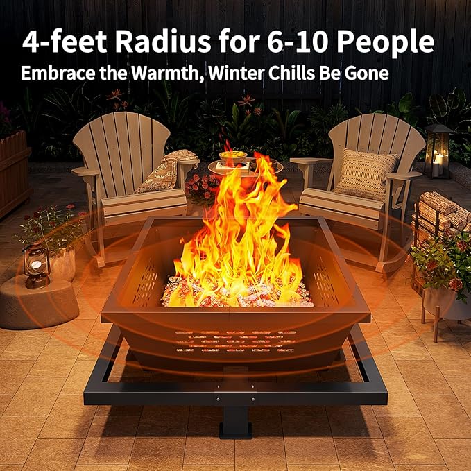 Auhilence 42" Large Fire Pit, Square Outdoor Fire Pit with Poker, Wood Burning FirePit for Camping, Backyard, Patio