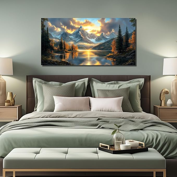 JuhaiArt Mountain Lake Canvas Wall Art Landscape Picture Artwork Gold Wall Decor for Living Room Bedroom Office Sunset Poster 24" x 48"