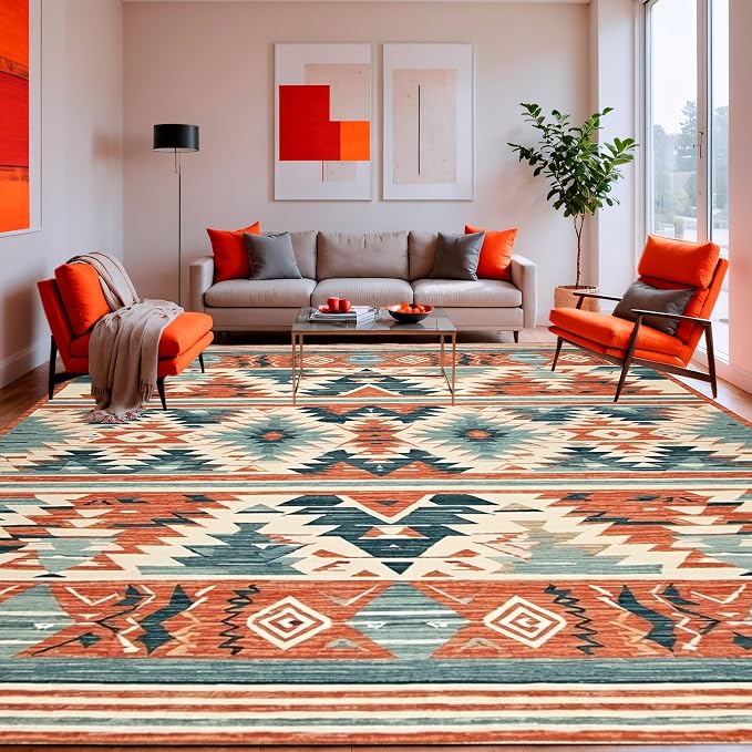Flatwoven High Traffic Area Rug 6x9, Dynamic Tribal Inspired Design with Bold Shapes and Color Contrast, Non Slip, Stain Resistant, Washable Area Rugs for Living Room, Bedroom (Red, 6x9)