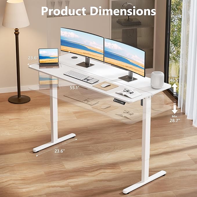 Electric Standing Desk 55 x 24 Inches, Height Adjustable Sit Stand Home Office Computer Desk with Memory Presets,White
