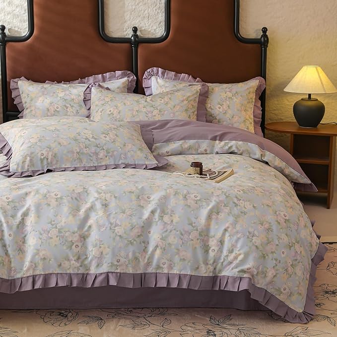 Ruffle Duvet Cover Set Twin Girls Cute Flower Duvet Cover with Purple Ruffles Cottagecore Bedding Vintage Floral Comforter Cover with 2 Pillowcases Princess Lace Bedding Flower Comforter Cover Twin