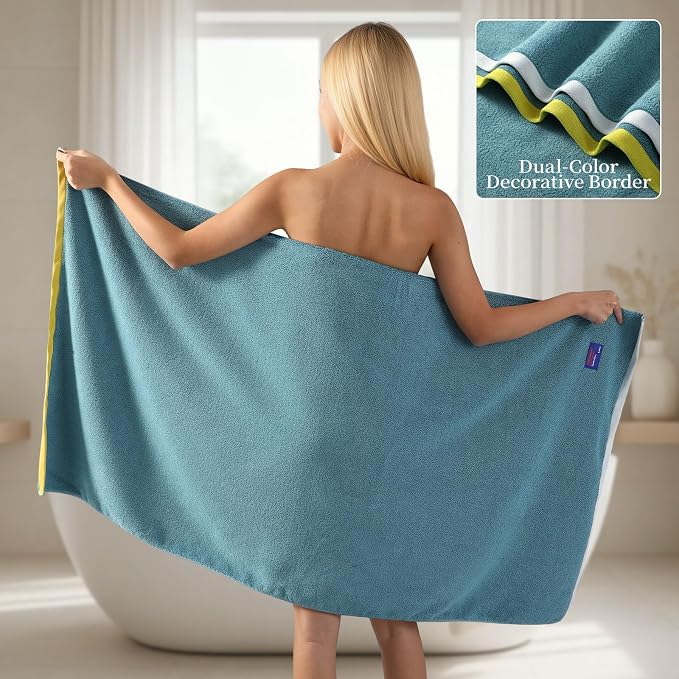 REDKISS 2 Pack Cotton Bath Towels, Soft Absorbent 600 GSM, 27x54 Inch | Quick Dry | Reinforced Stitching | Modern Contrast Border Design | Machine Washable | Bathroom, Gym|Spa & Guest Use | Blue