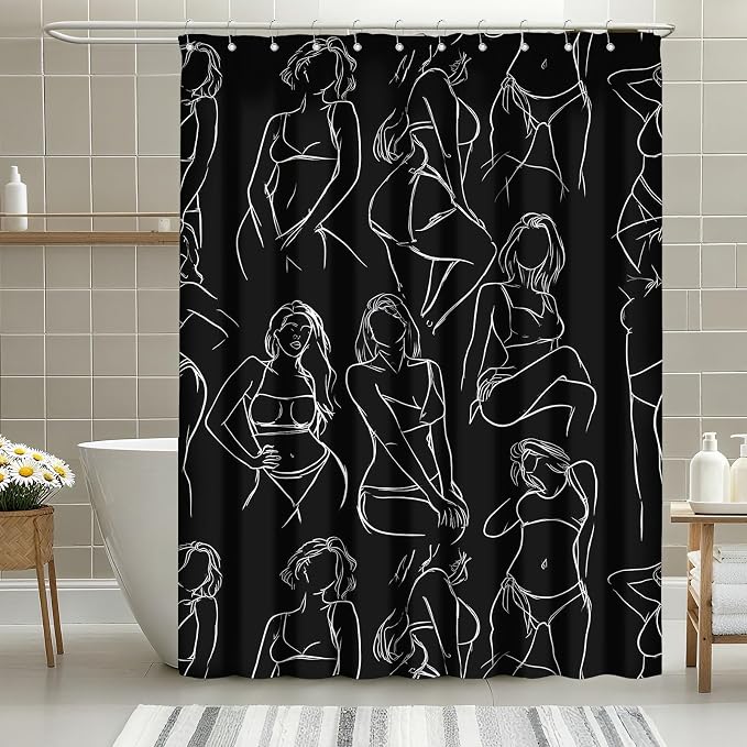 Black and White Shower Curtain Abstract Women Minimalist Art Shower Curtains for Bathroom Waterproof Fabric Bath Curtain Decor with Hooks