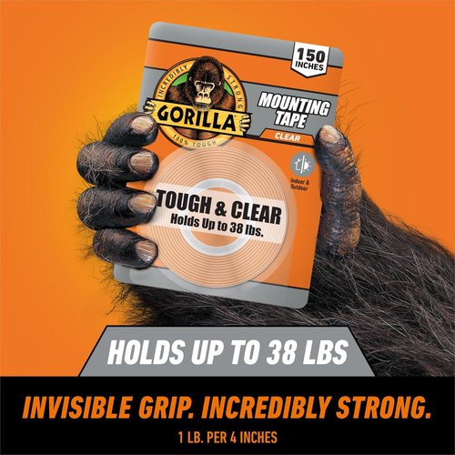 Gorilla Tough & Clear Double-Sided Mounting Tape - Weatherproof, 1" x 150" for Indoor/Outdoor Use