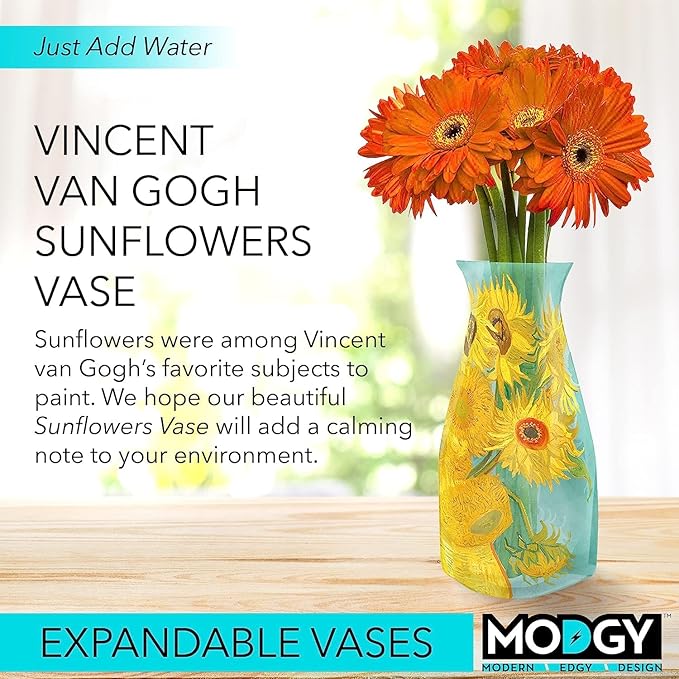 MODGY Collapsible and Expandable Plastic Flower Vase, Unbreakable, Foldable, Decorative Modern Centerpieces, Table Decorations, Van Gogh Sunflowers, 1 Pack