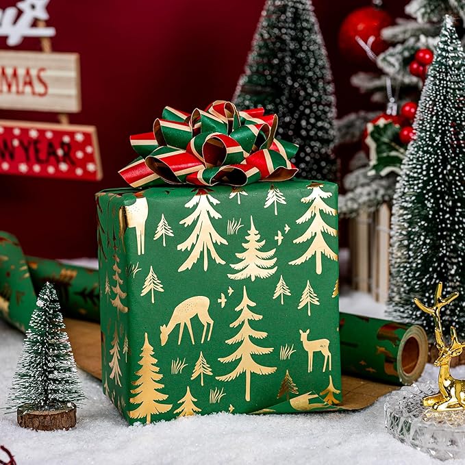 Yarcony Christmas Wrapping Paper Roll, Green Gift Wrapping Paper, Recycled Festive Gold Foil Reindeer, Winter Tree Theme Thick Kraft Christmas Gift Wrap for Winter Celebration (17 Inch X 33 Feet)