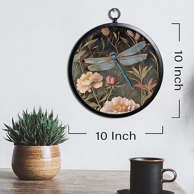 XIAOAIKA Vintage Botanical Wall Art with Metal Frame, Round Wood Print Featuring Dragonfly and Pink Peonies, Boho Wall Decor for Living Room, Bedroom, Kitchen, Hallway, 10 Inch