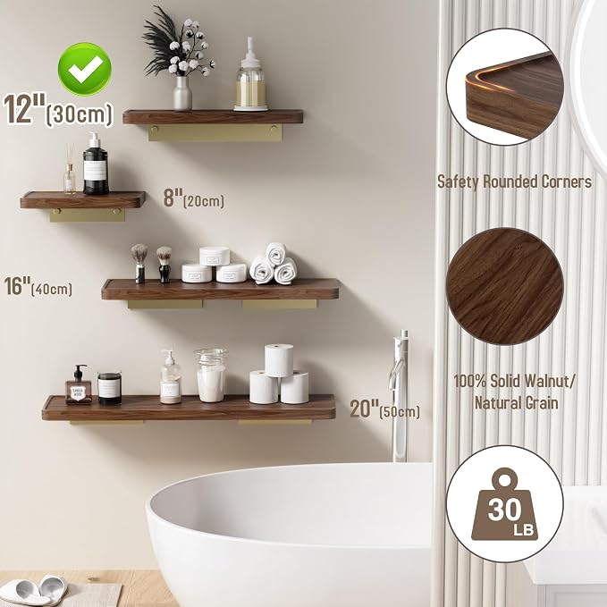 Danpoo 12 inch Floating Walnut wall Shelf, Small Wood Shelf for wall, Waterproof Wooden Shelf for Bathroom