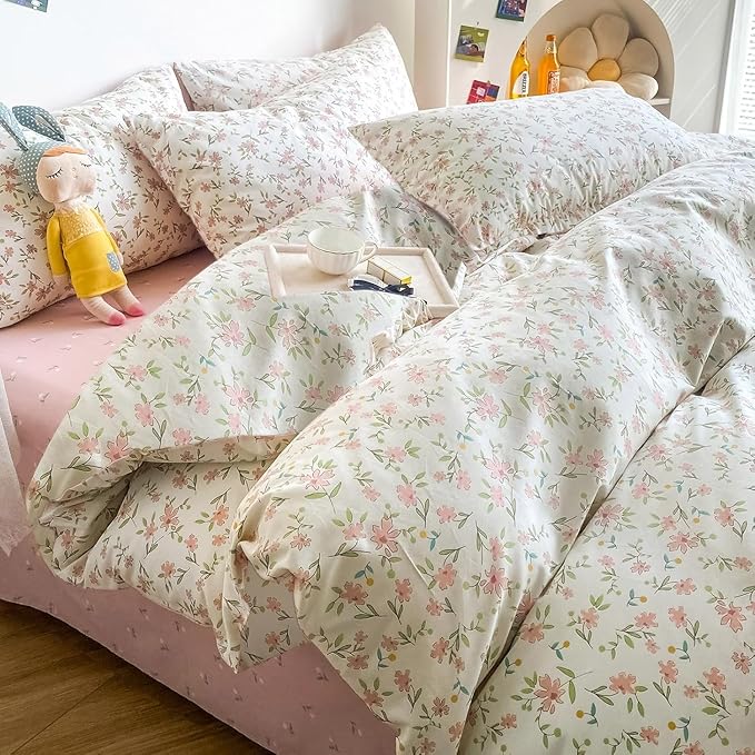 LifeTB Vintage Pink Floral Comforter Set Queen 3 Pieces Cute Pink Flower Bedding Comforter for Teen Girls Botanical Comforter Queen Floral Leaves Pattern Bedding Set Boho Farmhouse Bed Comforter Set