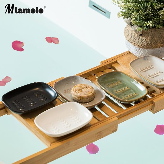 Miamolo Soap Dish Soap Holder Shower, Ceramic Soap Dishes for Bar Soap Sponge, Shower Soap Dish Soap Saver Tray for Bathroom Kitchen Sink, Easy to Clean, Green
