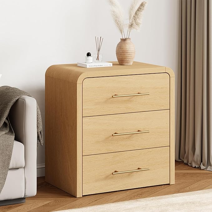 Curved 3-Drawer Nightstand Dresser Set of 2, 23.6'' Wide Modern Wood Bedside Tables with Long Metal Handles, Large Storage End Tables for Bedroom, Office, Natural Oak