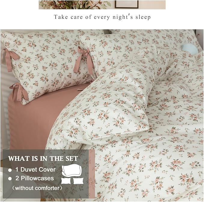 Pink White Duvet Cover Set Full 3 Pieces Blush Pink Flower Duvet Cover with 2 Bow Ties Pillowcases,Cottagecore Bedding Set 100% Cotton Vintage Country Comforter Cover without Filling-80"x90"
