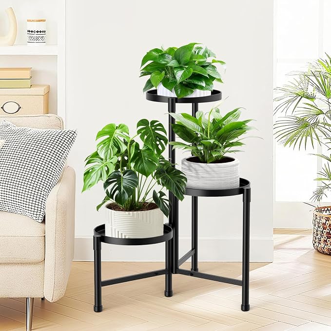 3 Tier Corner Plant Stand Indoor Outdoor, Metal Plant Shelf with 10 Inch Wide Tray,Flower Pot Display Holder Iron Rack Organizer Stand for Living Room Office Garden Patio Balcony Black