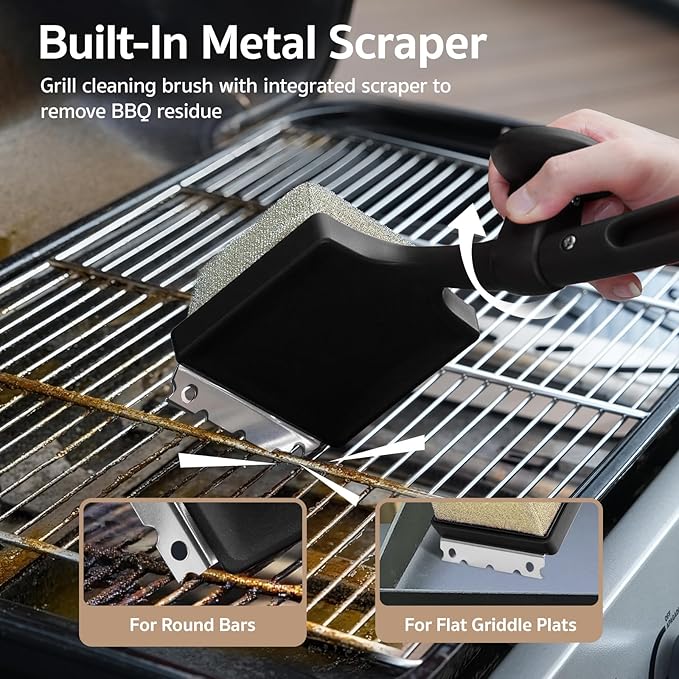 GASPRO Steam Grill Brush Bristle Free for Outdoor Grill, BBQ Cleaning Brush Set with 2 Replacement Heads, Heat-Activated Sponge & Scraper, Ergonomic Handle, Safe for Most Grates, Black