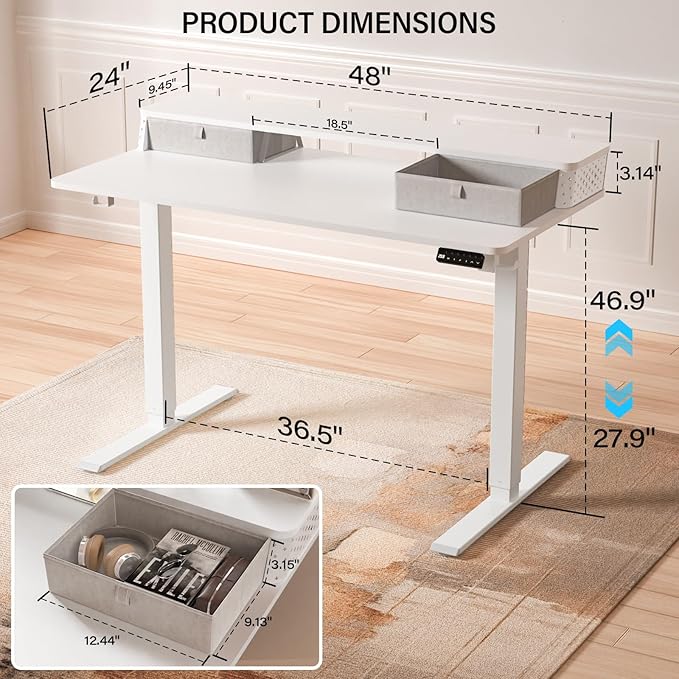Electric Standing Desk with 2 Drawers 48''x 24'' Adjustable Height Sit to Stand Up Desk with Storage Shelf, C-Clamp Mount Compatible White Home Office Desks Computer Gaming Table Ergonomic Workstation