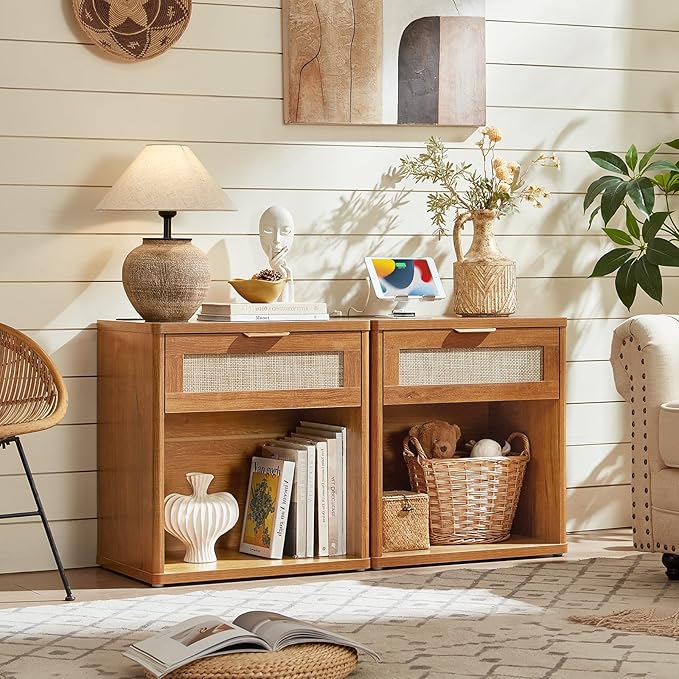 LEYAOYAO Rattan Nightstands Set of 2 with Charging Station, Natural Wood Night Stand with Drawer, 23" Wide Boho Bedside Table Open Cabinet, Bed Side Table Dresser for Bedroom, Living Room, Entrance